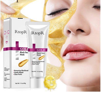RtopR Gold Black Face Mask packaging with a close-up of a woman's face wearing the mask.