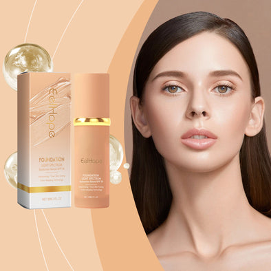EelHope foundation and serum with a model on a beige background