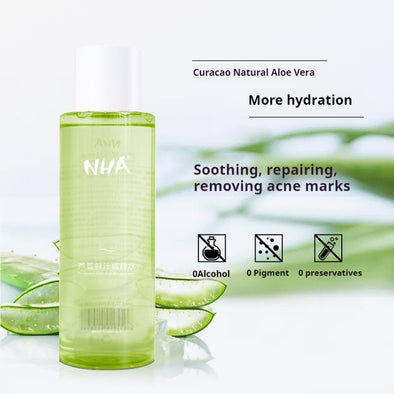 Green bottle labeled 'NHA' with aloe vera leaves and product benefits text on a white background