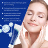 Woman applying skincare product with product and benefits text on a blue background